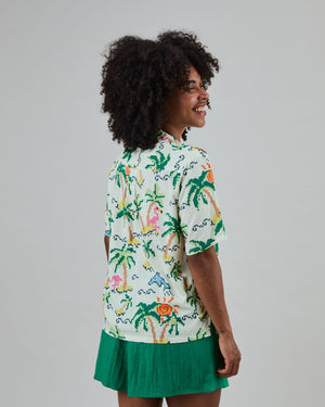 Tropical Pixel Aloha Blouse Ecru