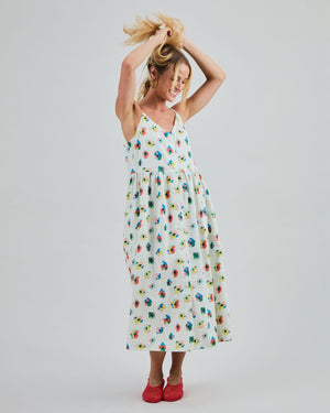 Mini Flowers Strappy Loose Dress Ecru