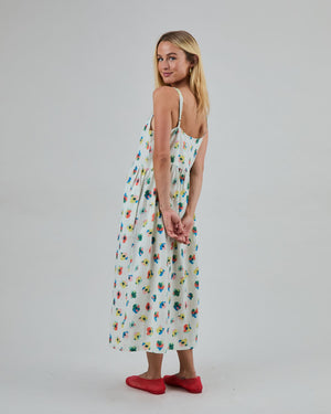 Mini Flowers Strappy Loose Dress Ecru