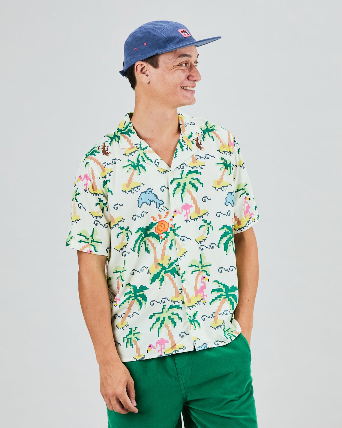 Tropical Pixel Aloha Shirt Ecru