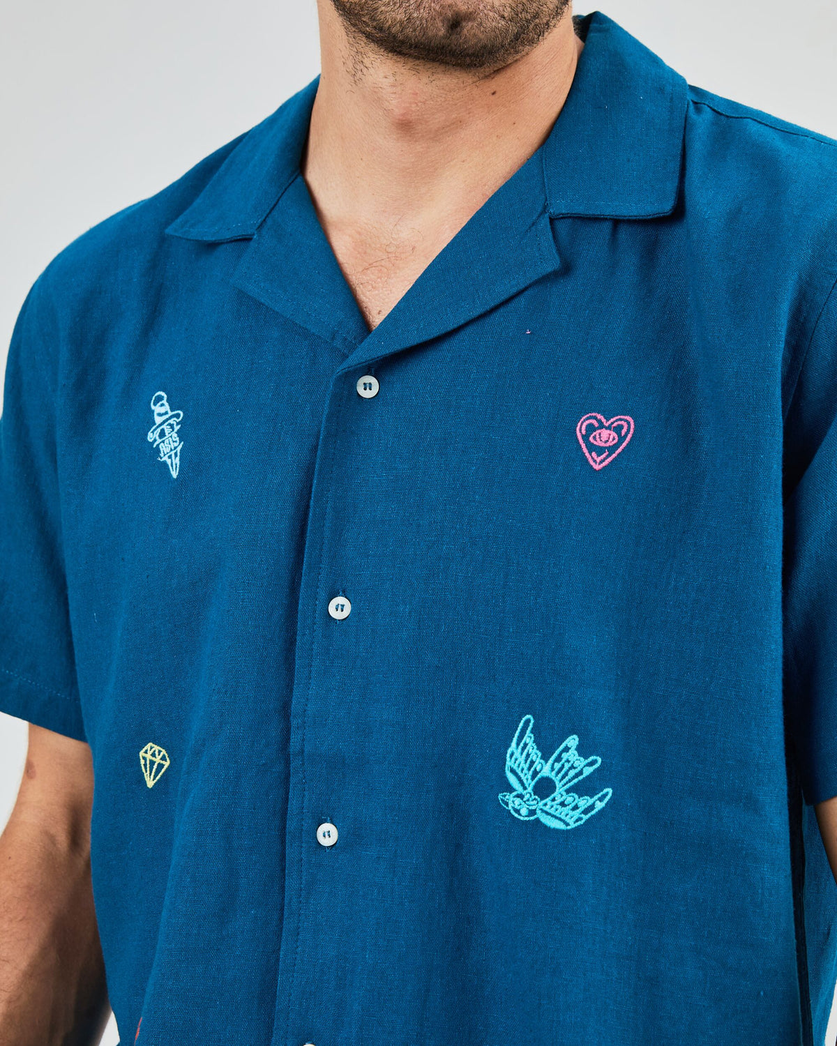 Asis Percales embroidery Aloha Shirt Blue