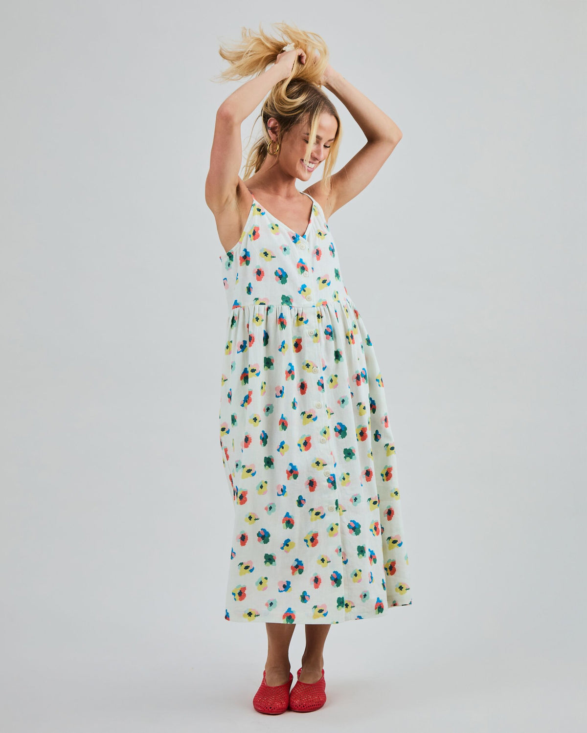 Mini Flowers Strappy Loose Dress Ecru