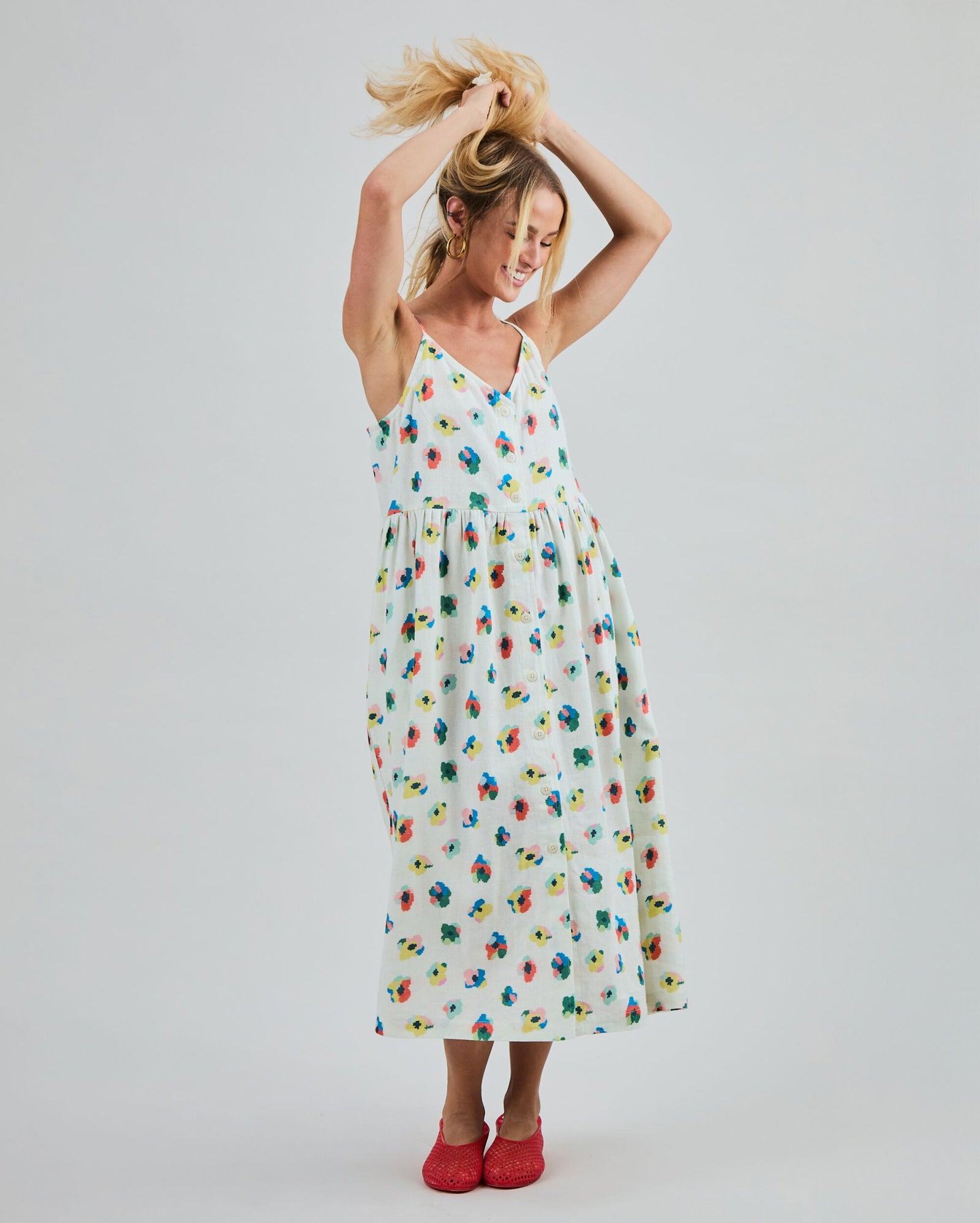 Mini Flowers Strappy Loose Dress Ecru