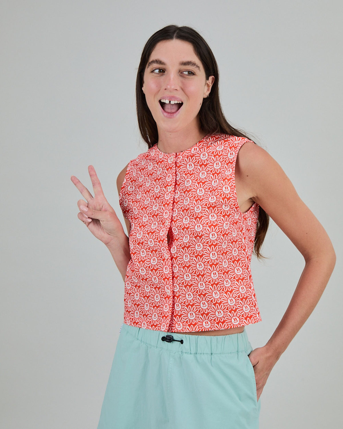 Asis Percales Daisy Button Up Blouse Red