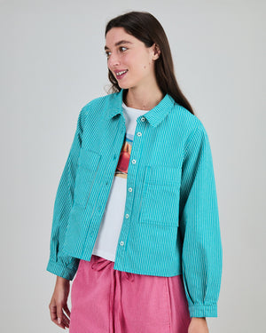 Denim Stripes Cropped Overshirt Green