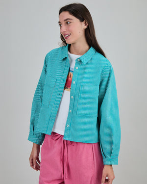 Denim Stripes Cropped Overshirt Green