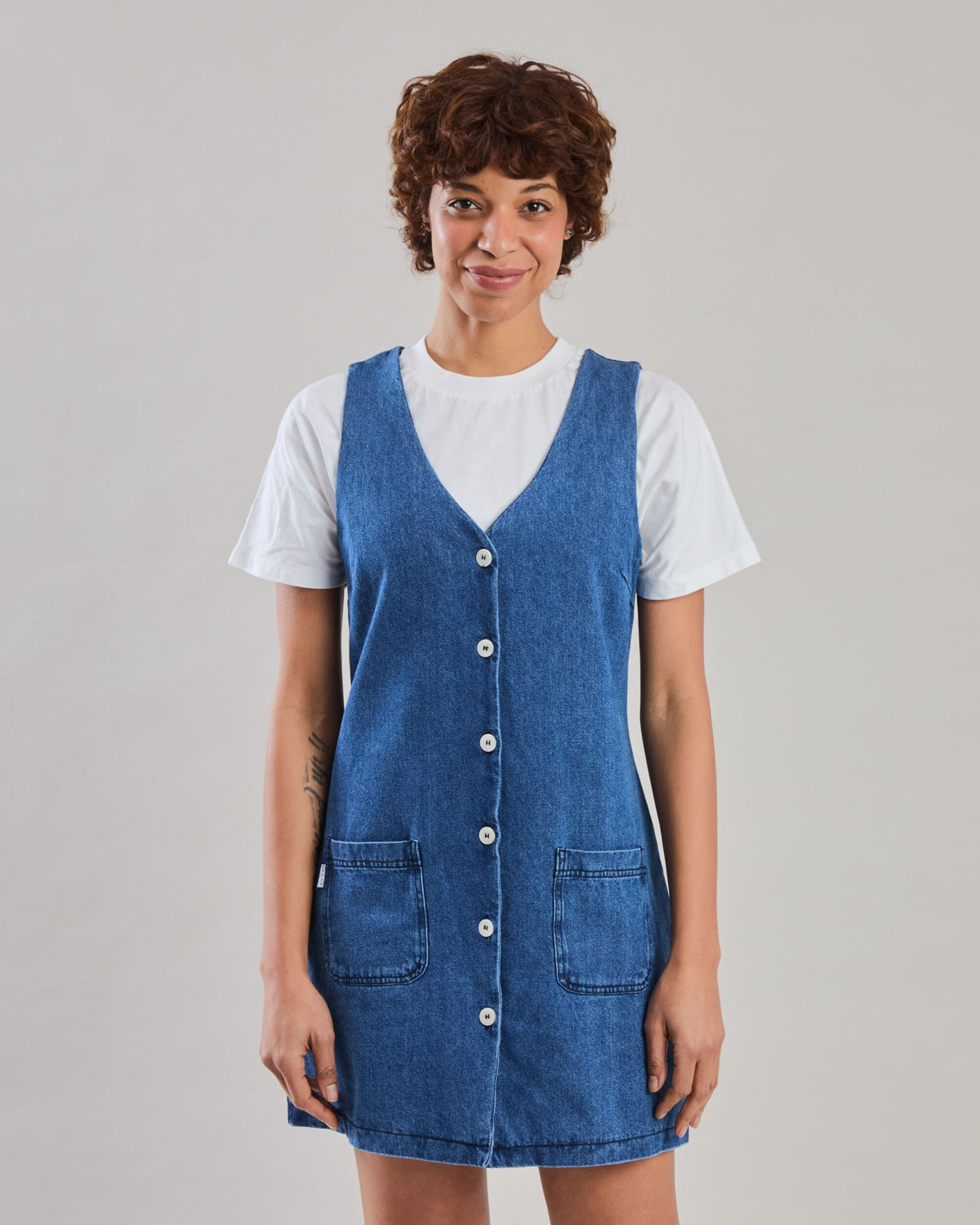 Washed Denim Pichi Shorts Dress Blue