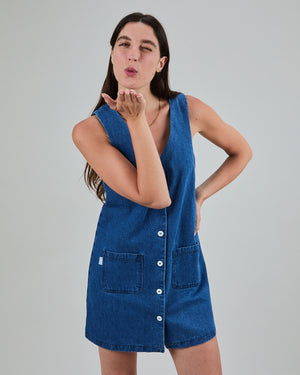 Washed Denim Short Dress Blue