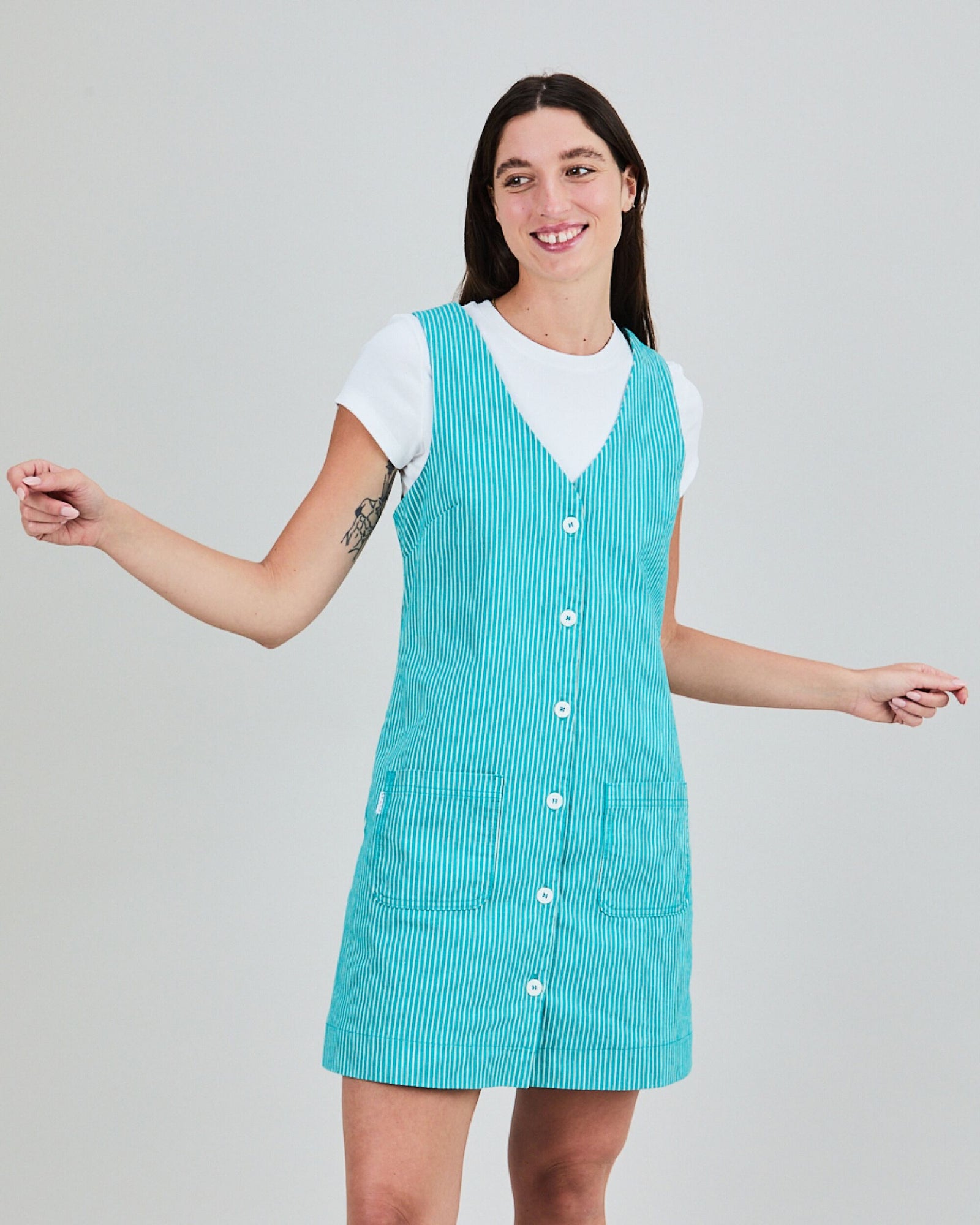 Denim Stripes Short Dress Green