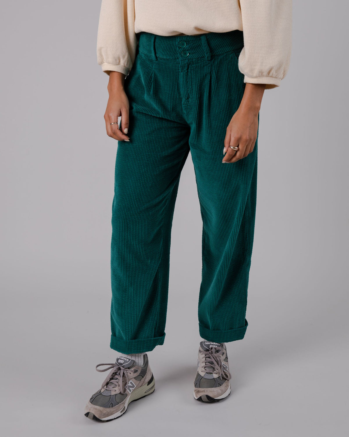 The Green High Waisted Corduroy Pants - Women's Corduroy High Waist Pants,  Straight, Cotton - Green - Bottoms | RIHOAS